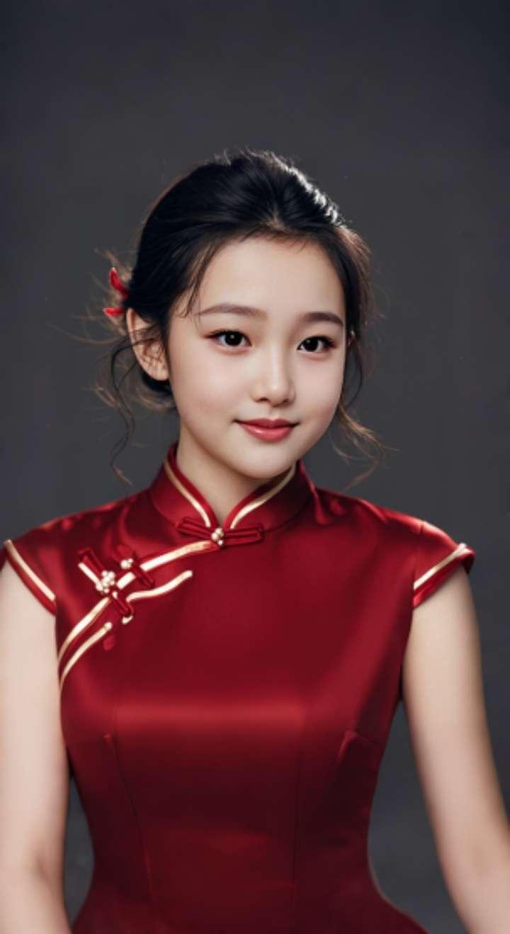 AI扩图 AI红裙浅笑