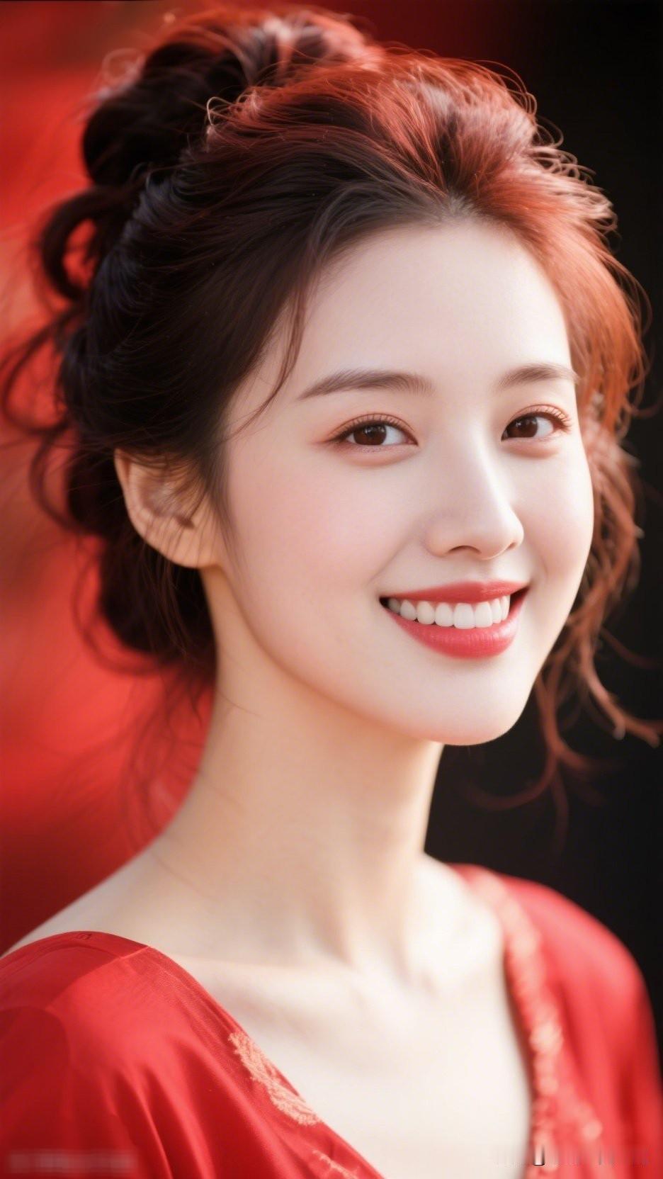 红衣少女，笑靥如花，美不胜收！🌸💄👗