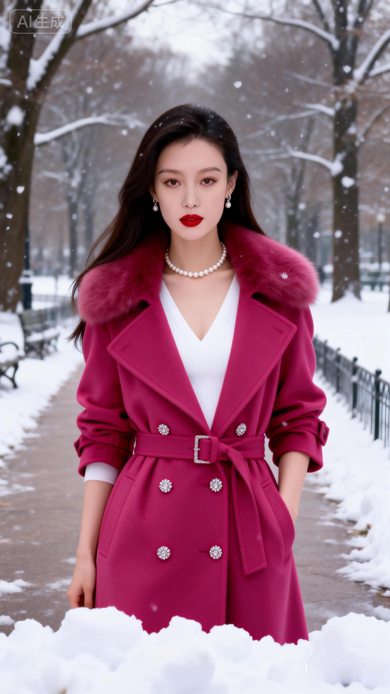 冬日雪景中的优雅穿搭，粉紫色大衣搭配珍珠项链，尽显时尚与温暖。