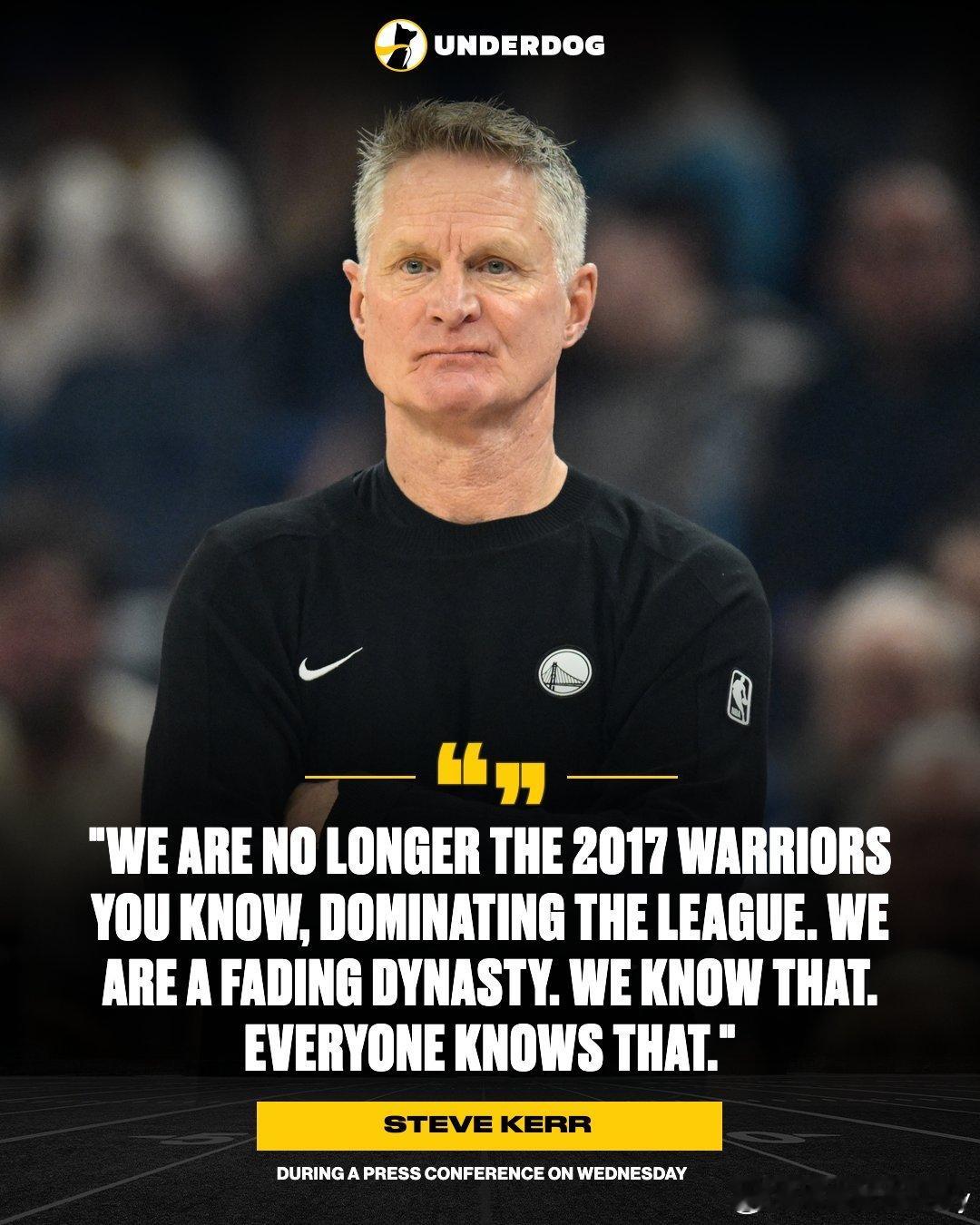 科尔今天坦言：“我们已经不再是2017年那支统治联盟的勇士了，我们是一支正在逐渐