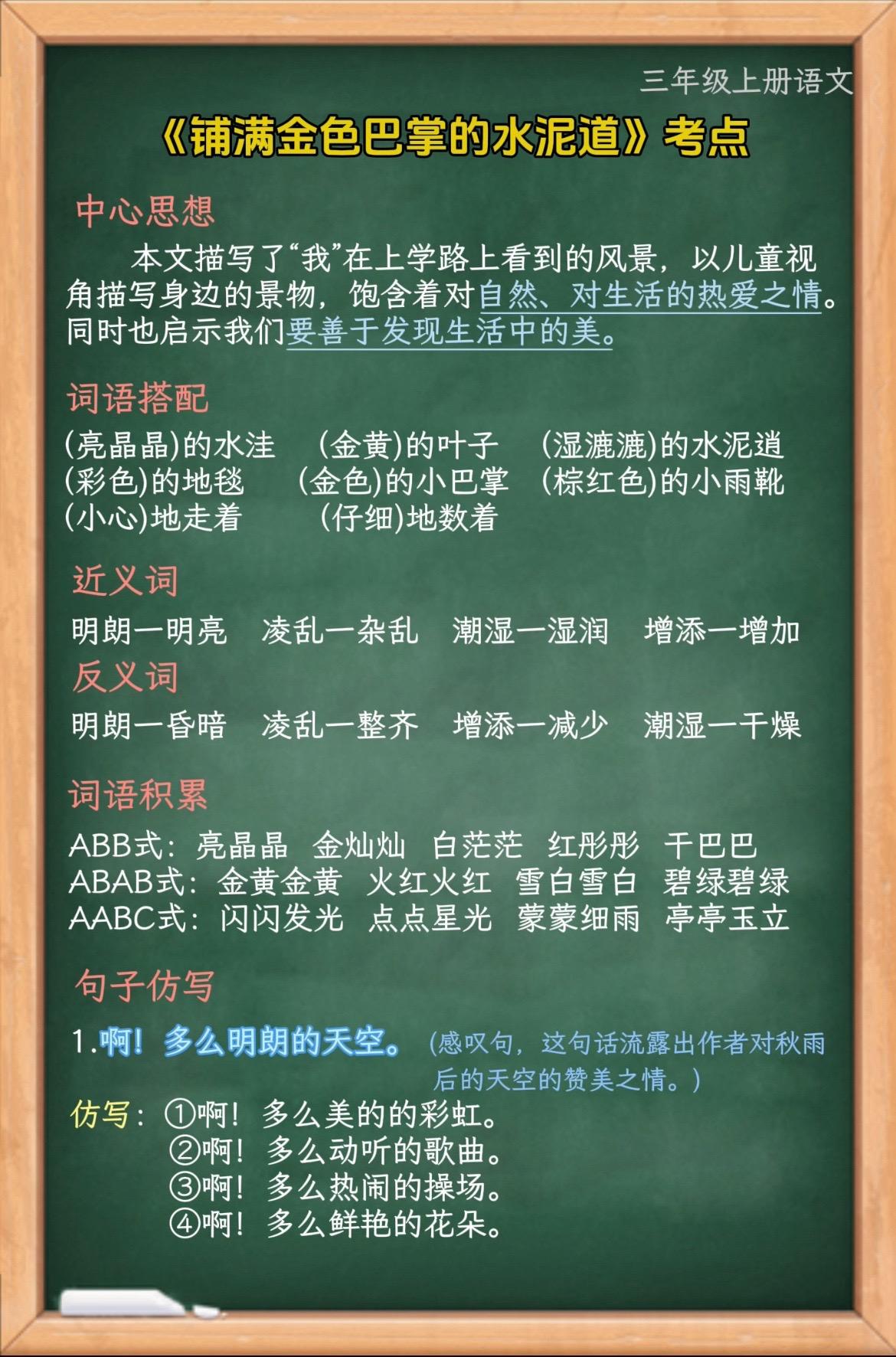 三年级上册《铺满金色巴掌的水泥道》知识点背诵。