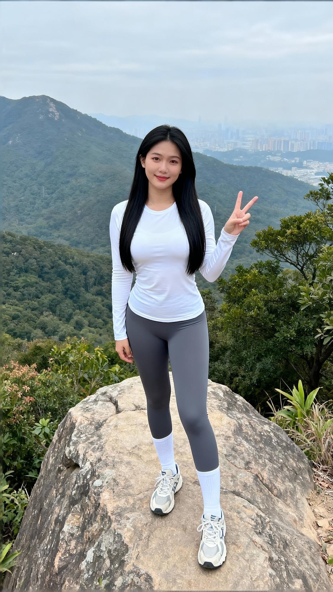 白衣少女立险峰，
无限风光在其中。
长衣背心各着迷，
小孩才做选择题！瑜伽裤，适