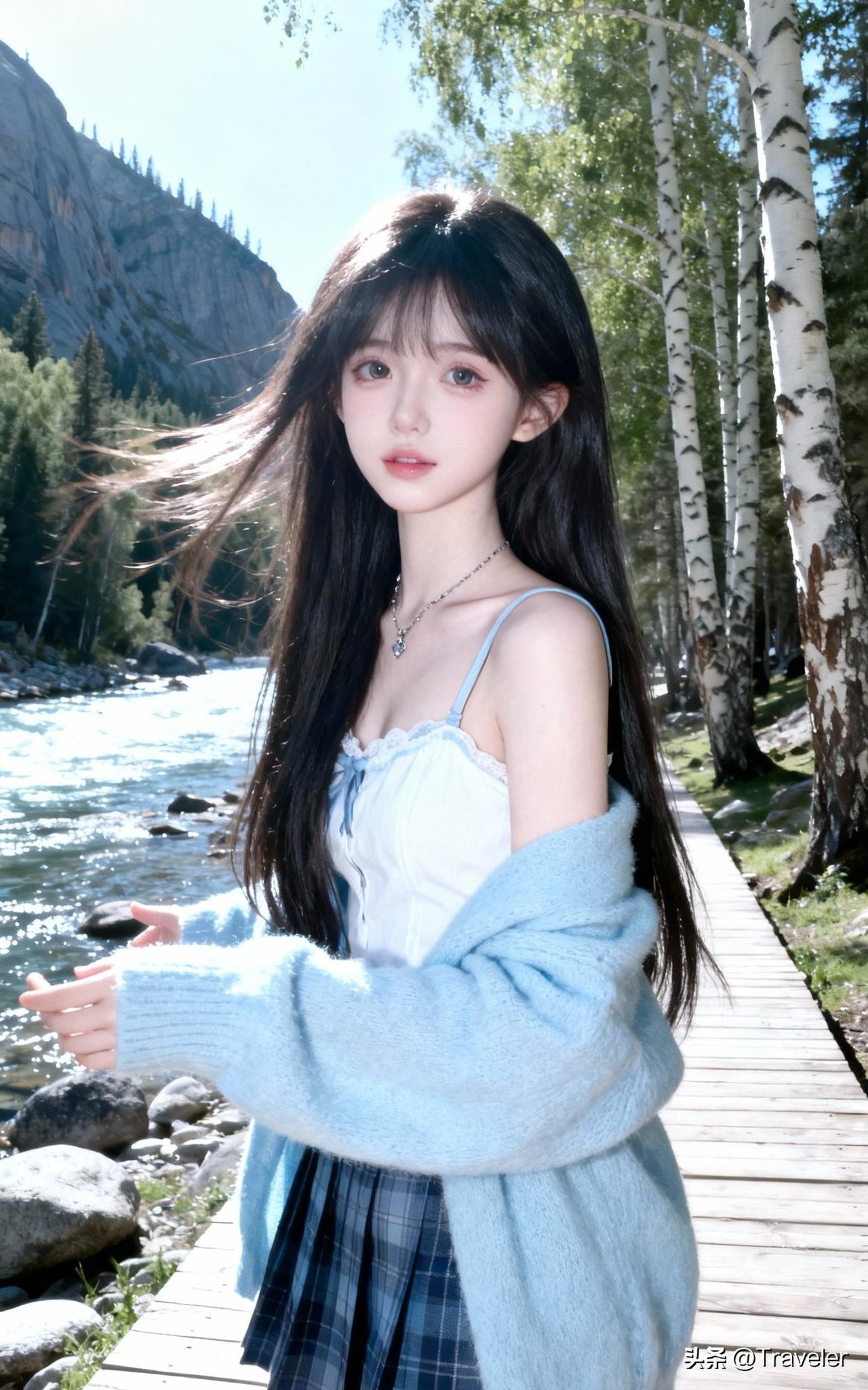在河边散步的少女，风景很美。
