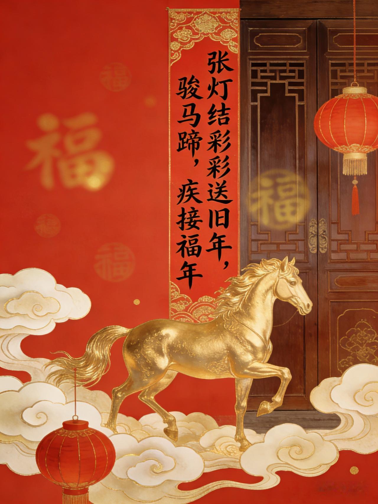 下联：骏马蹄疾接福年
1.骏马：良马、骏马，专扣2026丙午马年，喻祥瑞、奋进，