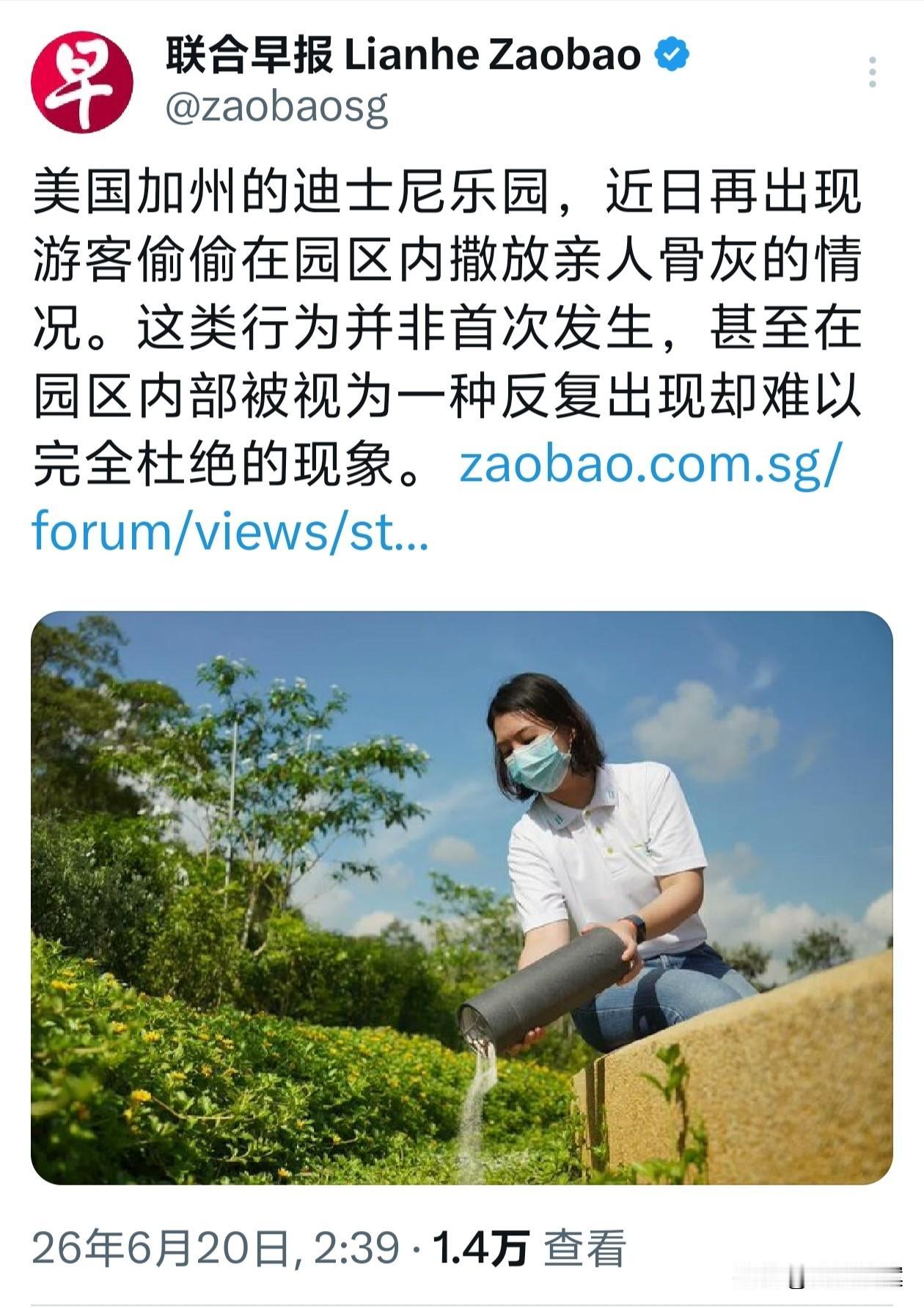 美国加州的迪士尼乐园，最近又有游客把亲人骨灰偷偷撒放情况。对于这种不文明不道德行