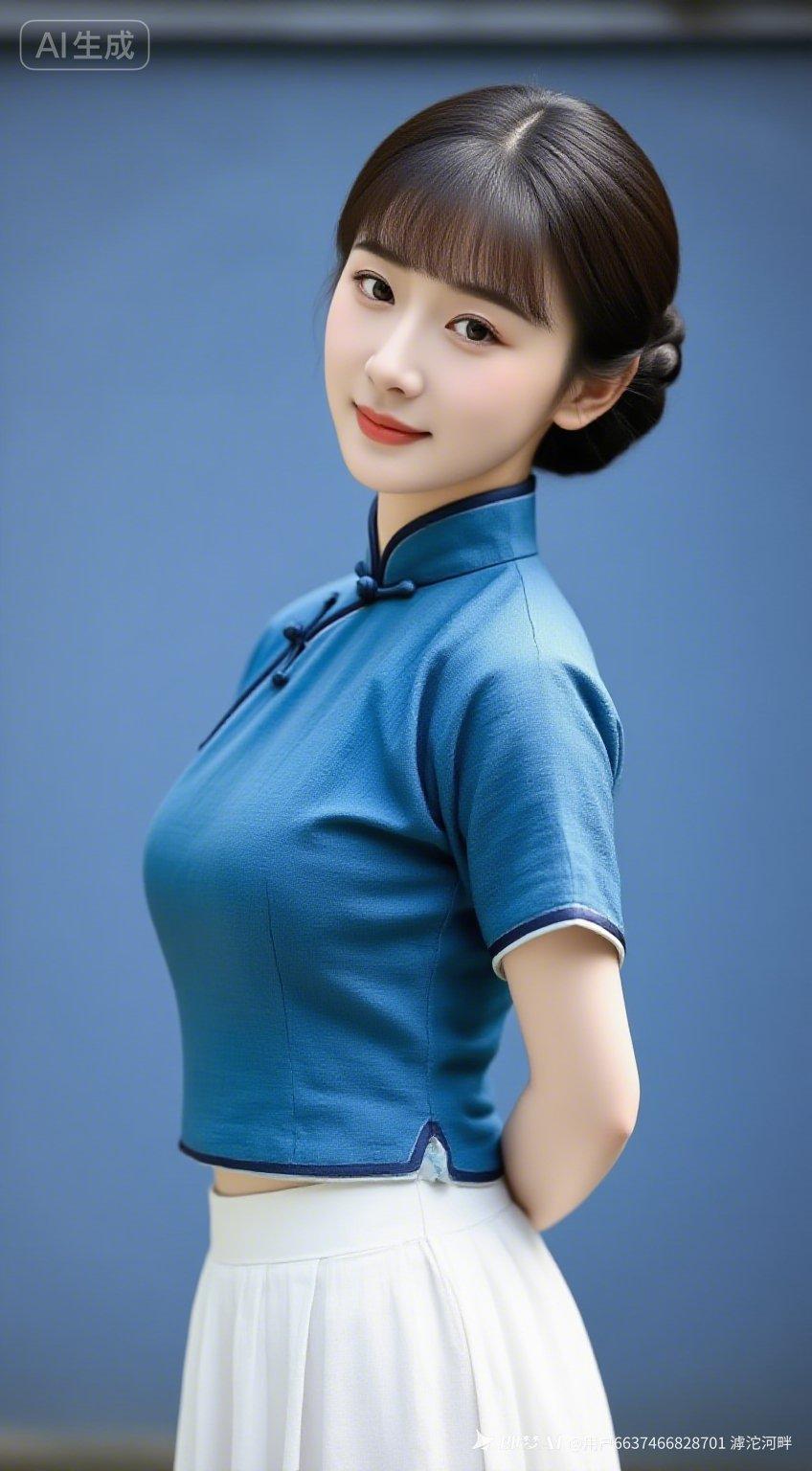 美女规整盘发搭配雅致斜刘海，九头身身形勾勒出葫芦曼妙体态。身着简约蓝色斜襟布衫配
