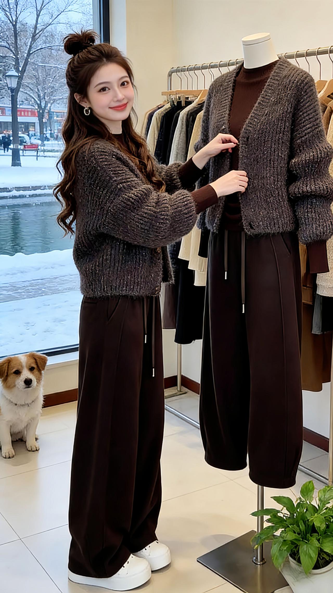 《暖咖套装的冬日诗》
Danny在飘雪的服装店里整理软糯针织开衫套装，指尖抚过蓬