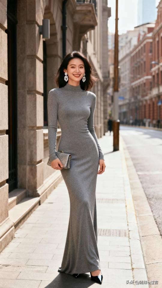 身穿灰色连衣长裙女子在城市街头摆拍。连衣长裙 美女壁纸