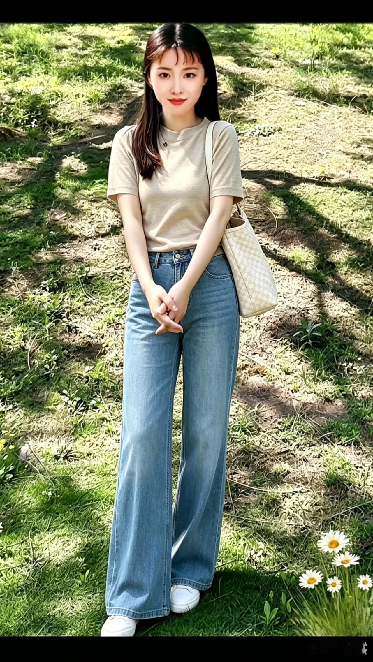 一个女孩在草地上站着，穿着牛仔裤。
