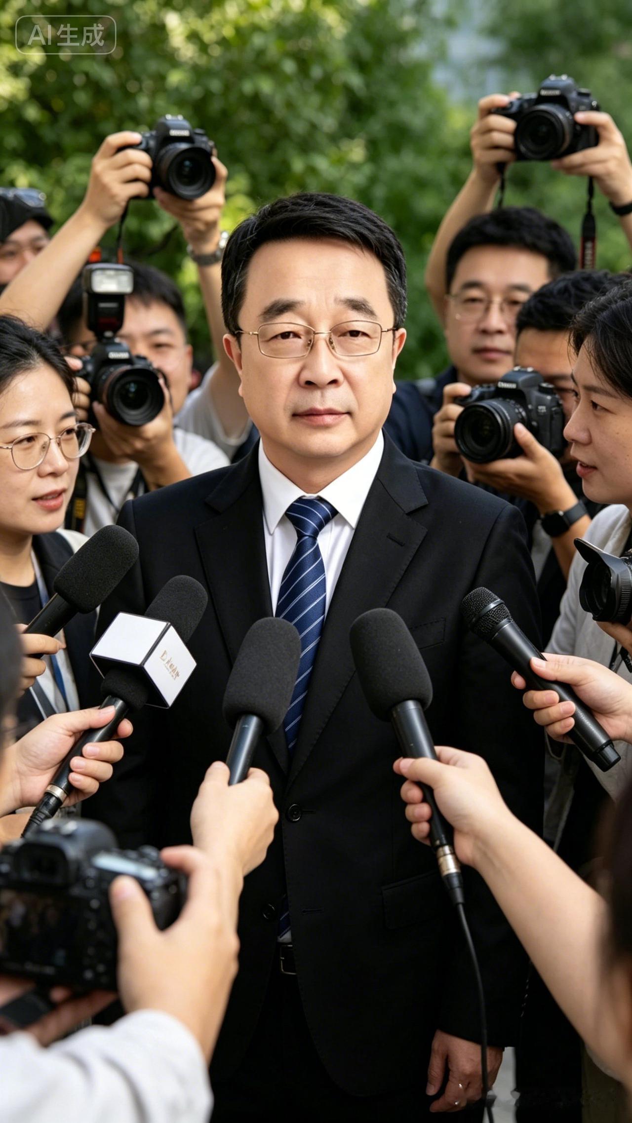 35岁中国帅气短发总裁，戴金丝眼镜，被一群记者围着拍照，大家议议总裁该讲什么一一