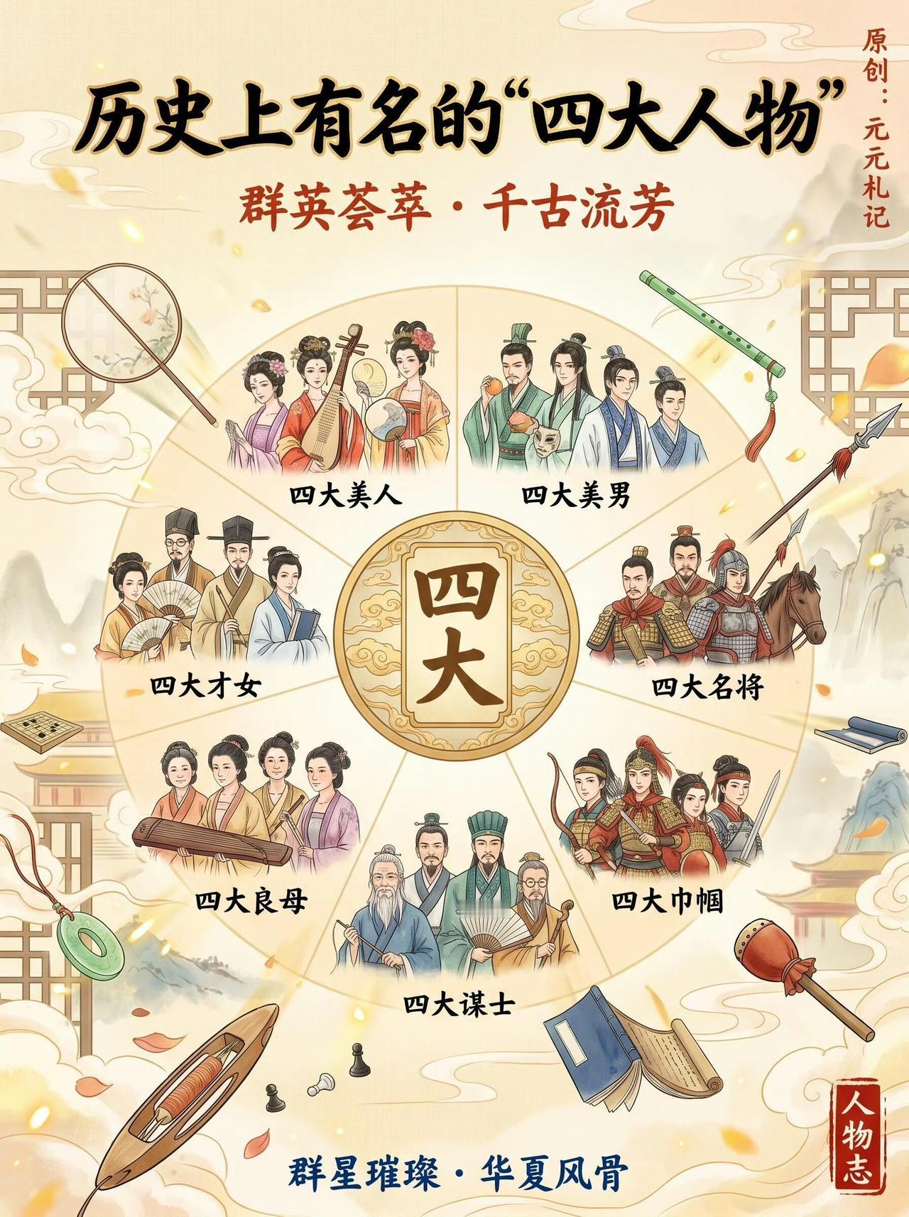 华夏历史八类“四大人物”
 
中华上下五千年，能人辈出，分成八类“四大名人”，集