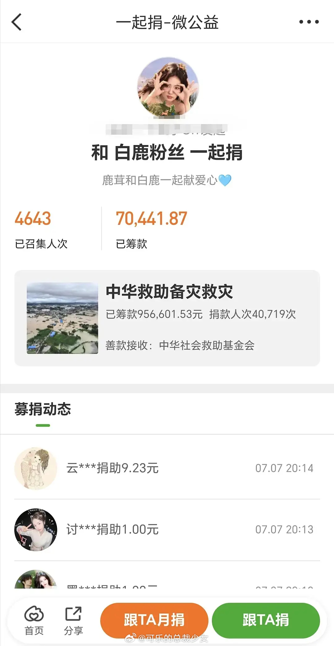 投稿：4600+🍍粉丝和白鹿一起捐款金额已达七万元，还在持续加码中 