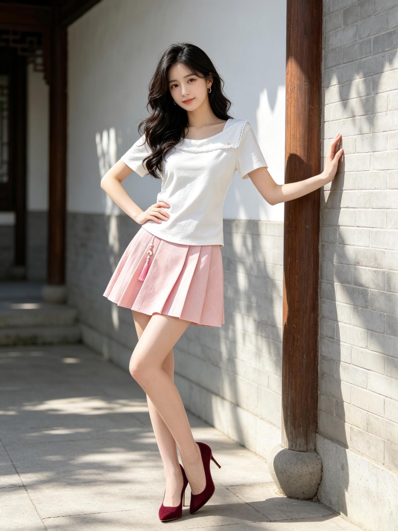 女孩子怎么穿搭既时尚又好看?白T粉裙减龄，回头一笑很甜！阳光洒在发梢，这是今日份