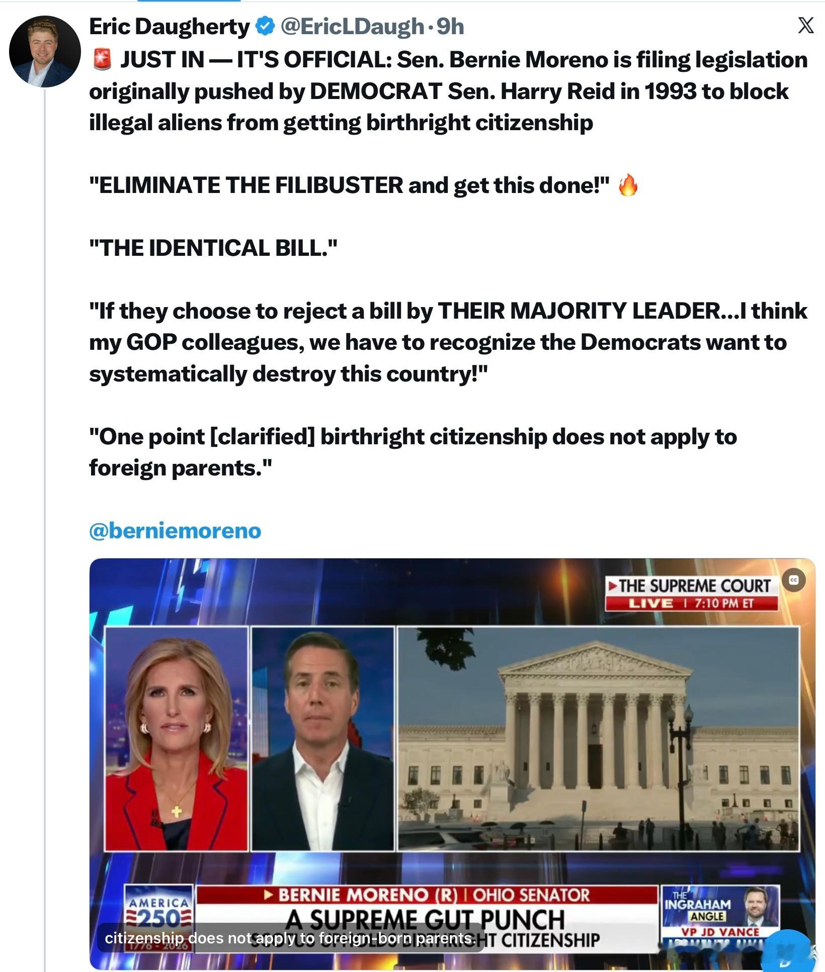 官方消息：參議員伯尼·莫雷諾正在提交一項法案，該法案最初由民主黨參議員哈里·里德
