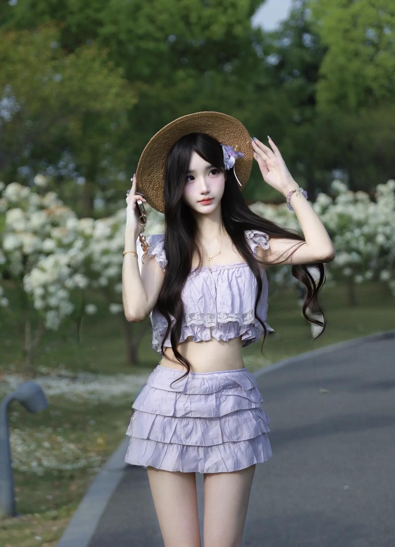 谁懂啊！这片绣球花海简直是人间仙境！淡紫色蕾丝裙+草编帽，随手一拍都是日杂封面。