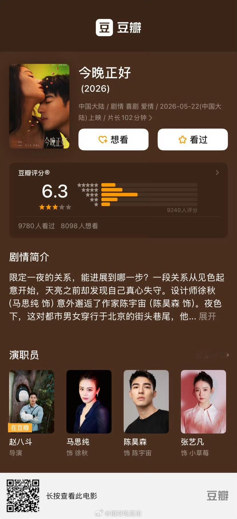 赵八斗执导，马思纯、陈昊森主演电影《今晚正好》豆瓣开分6.3 