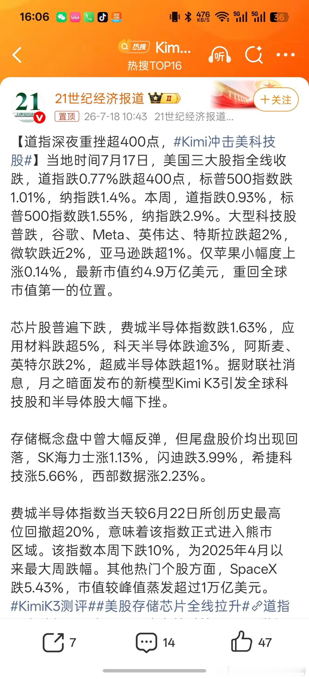 Kimi冲击美科技股美股大跌是因为中国ai太强大。他们慌了。