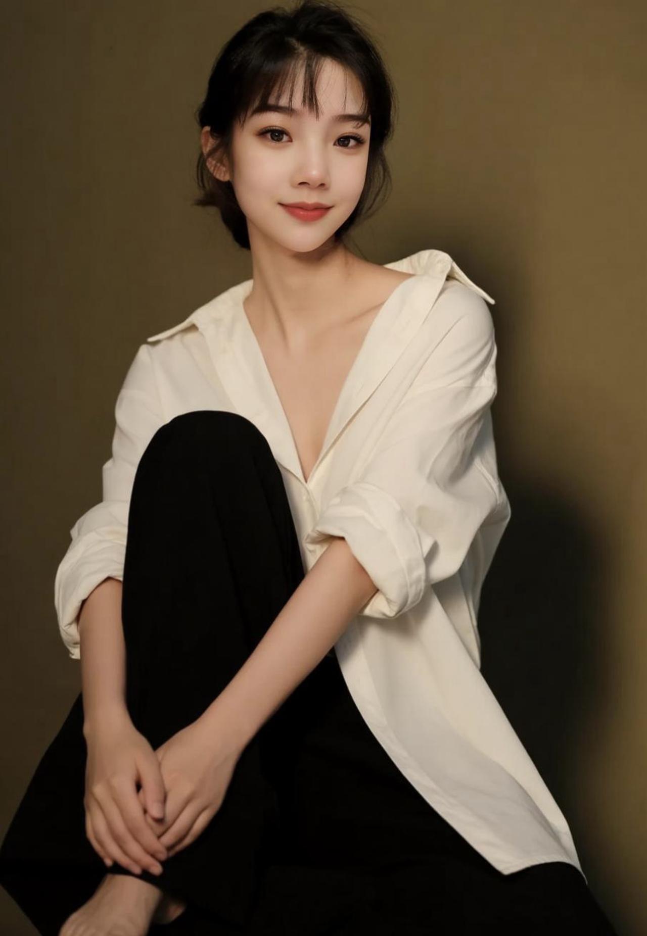 温柔甜美的女孩，白色衬衫搭配黑色裤子，简约优雅。