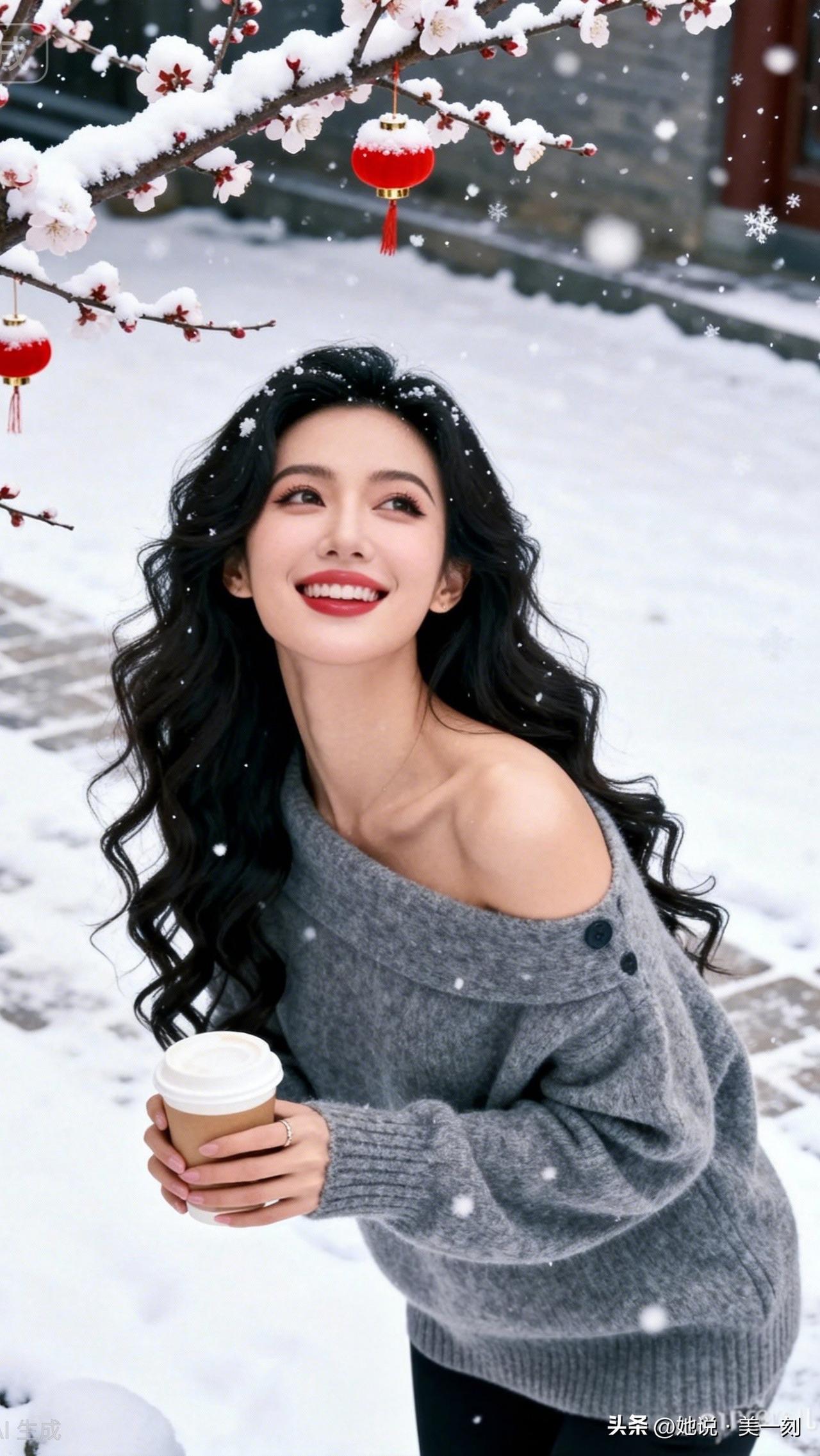雪中赏梅香，笑语暖心房。寻找镜头的美 冬日暖阳下，手捧热饮，笑靥如花🌨️☕️?
