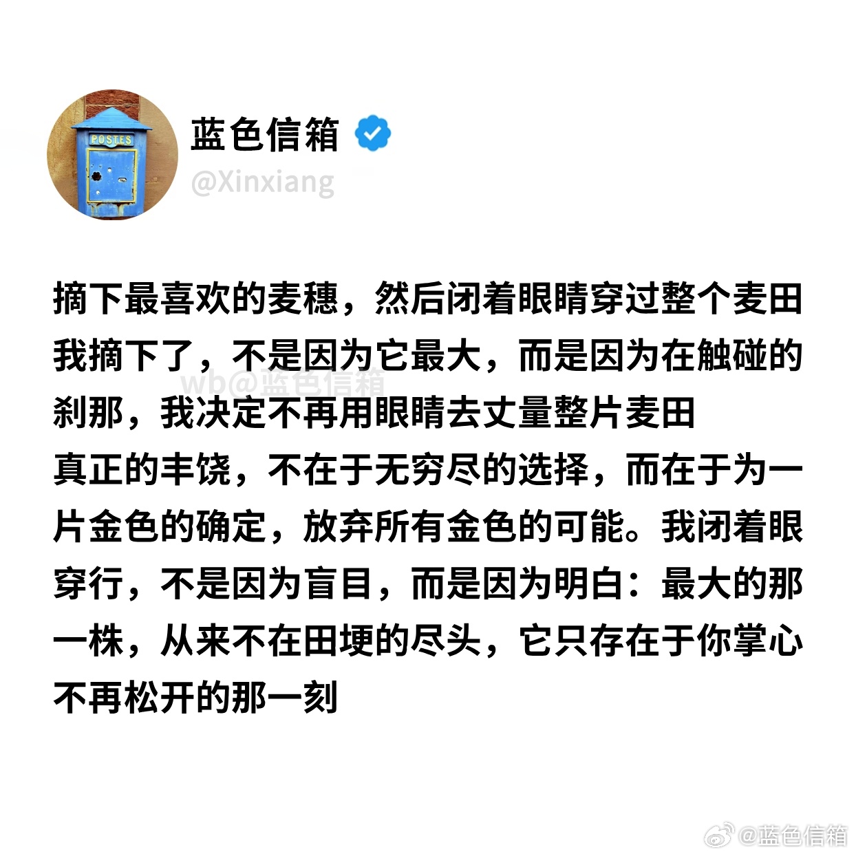 摘下最喜欢的麦穗生活碎碎念 摘下最喜欢的麦穗，然后闭着眼睛穿过整个麦田~我摘下了