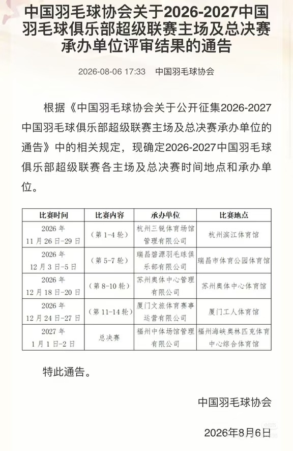 26年-27年羽超联赛主场及总决赛承办地：杭州、瑞昌、苏州、厦门，总决赛承办地：