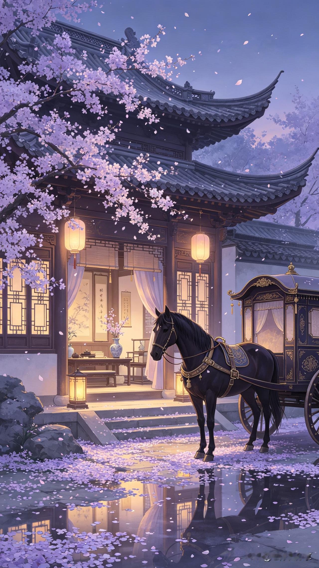 鹧鸪天·春夜候归

紫雾轻笼旧院深，飞花如雨湿衣襟。
灯前书案墨痕浅，阶下骅骝待