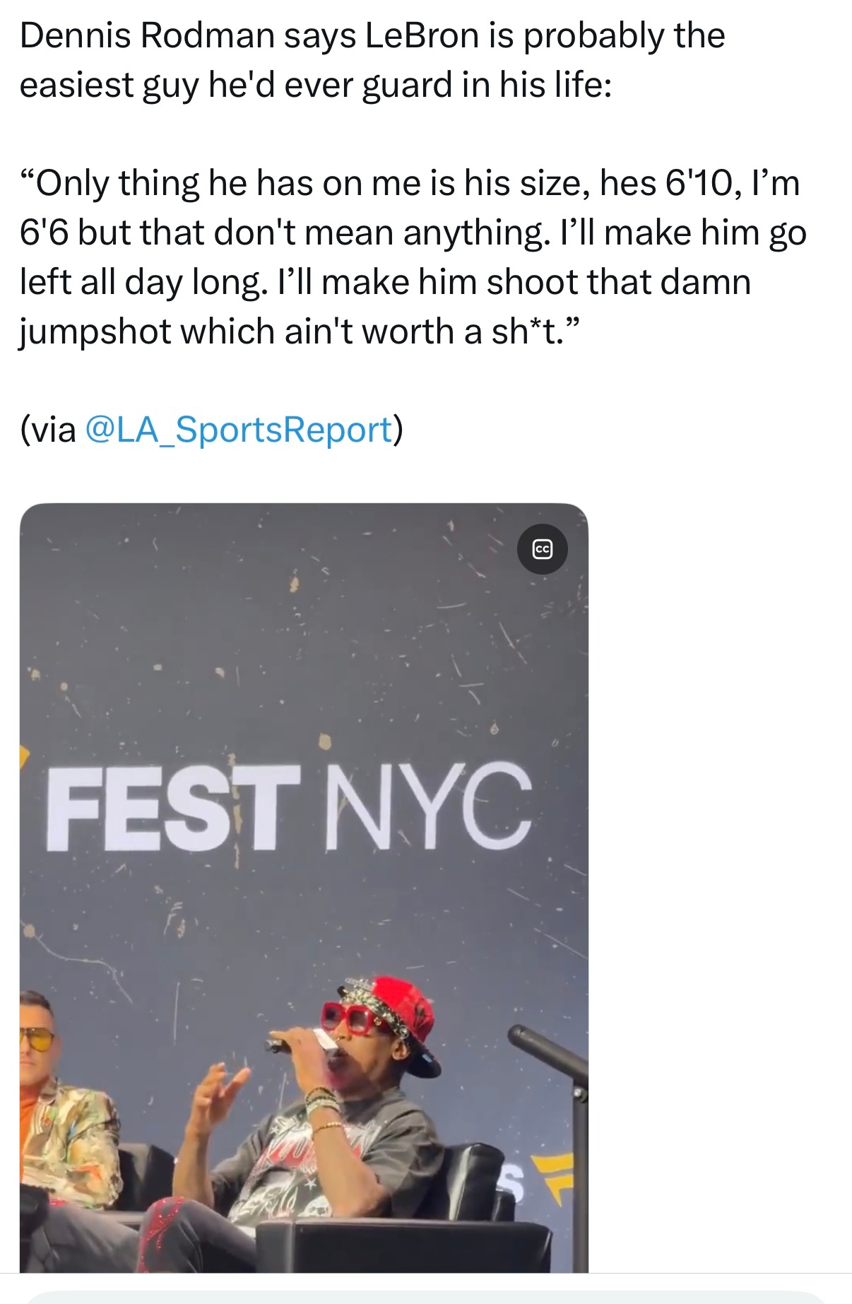 前NBA篮板王丹尼斯·罗德曼近日表示，詹姆斯可能会是他防守过的球员里最容易防的，