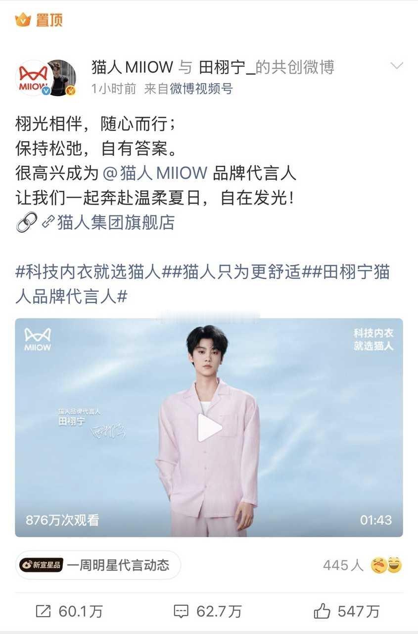 田栩宁猫人品牌代言人官宣，ppf版头置顶已换，大屏也好多，待遇不错呀 