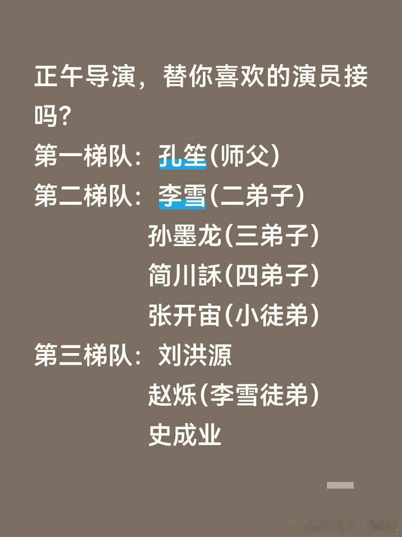 正午导演，替你喜欢的演员接吗?第一梯队:孔笙(师父)第二梯队:李雪(二弟子)孙墨