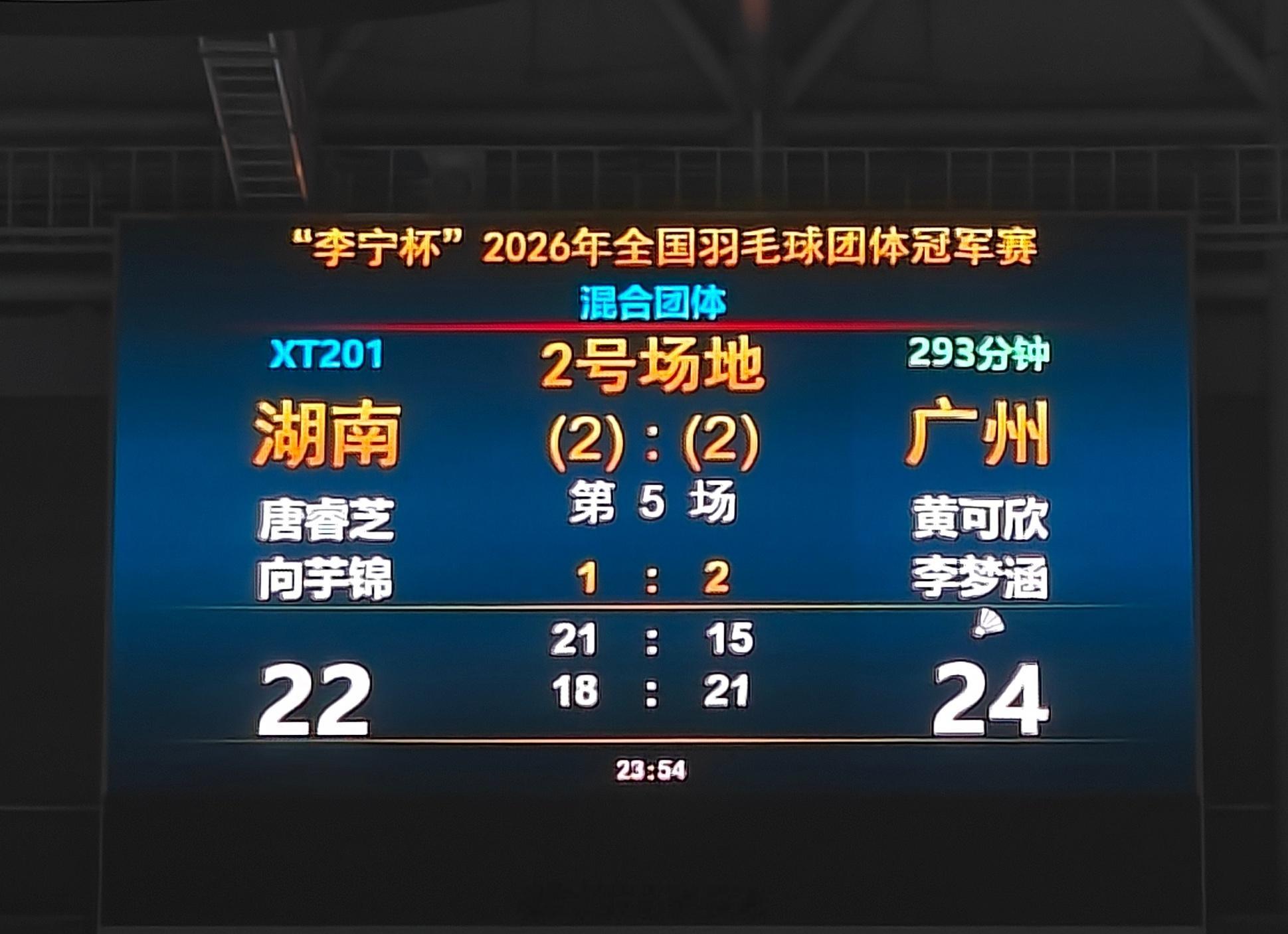 全国团体冠军赛1/4决赛最后一场结束的比赛中，湖南队和广州队战至决胜场、决胜局的
