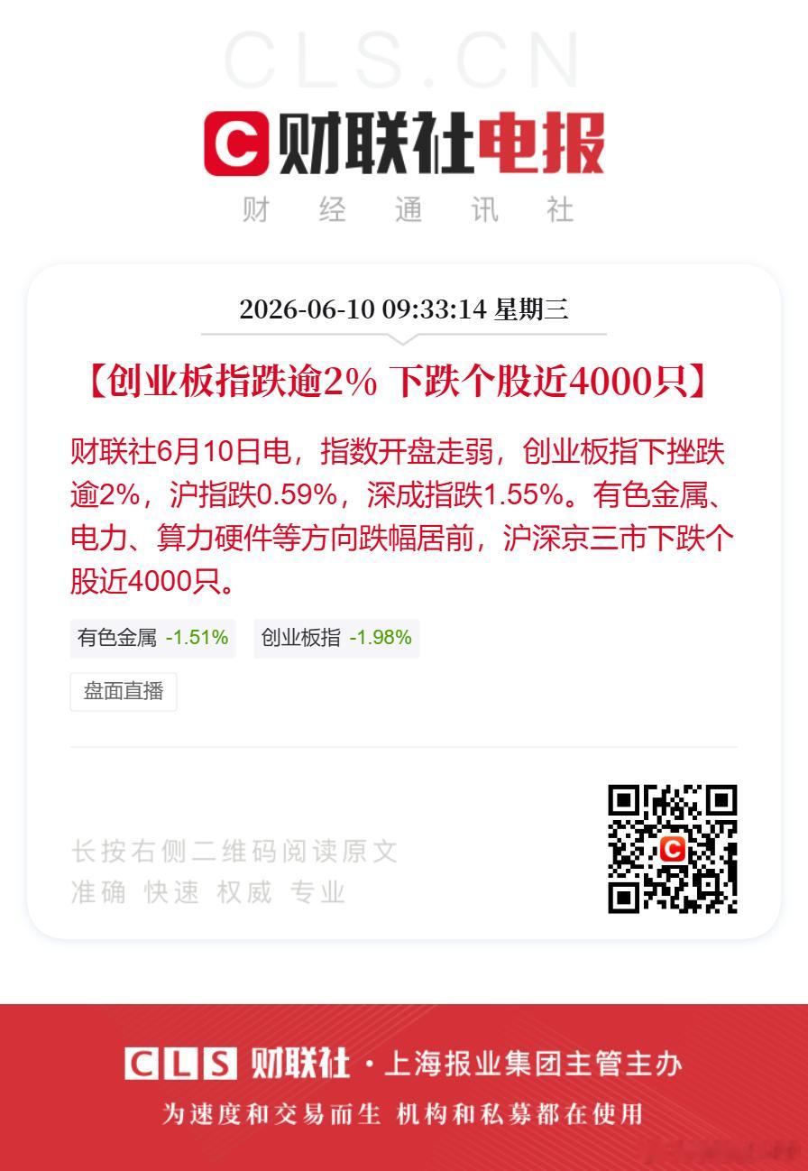 A股全市近4000股下跌【创业板指跌逾2% 下跌个股近4000只】财联社6月10