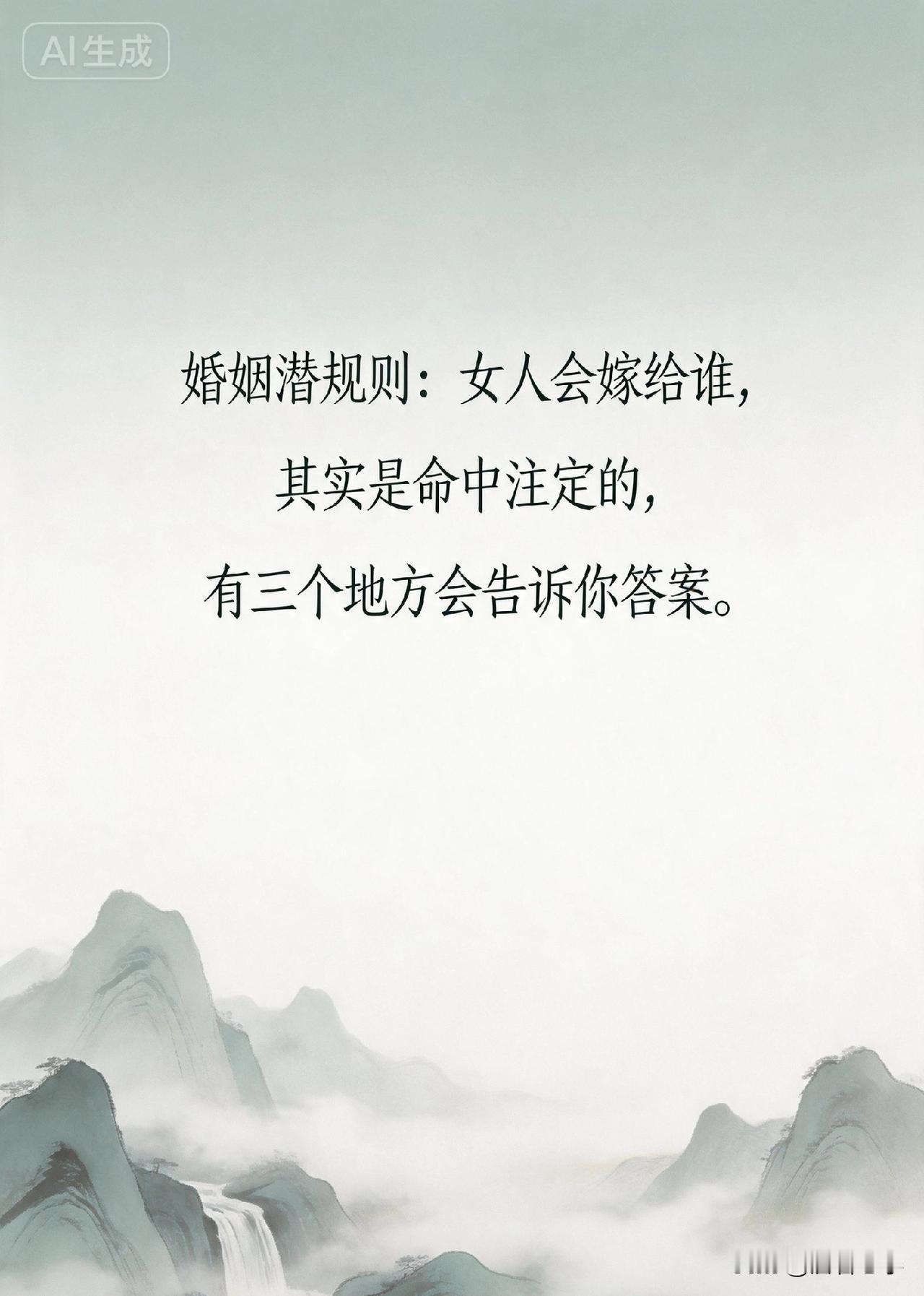 婚姻潜规则：女人会嫁给谁，其实是命中注定的，有三个地方会告诉你答案。

你有没有