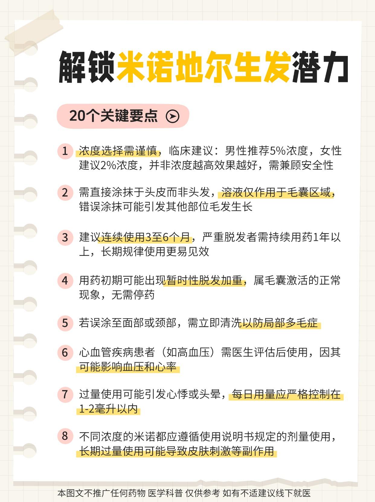 解锁米诺地尔生发潜力的20个关键要点。1. 浓度选择需谨慎，临床建议...