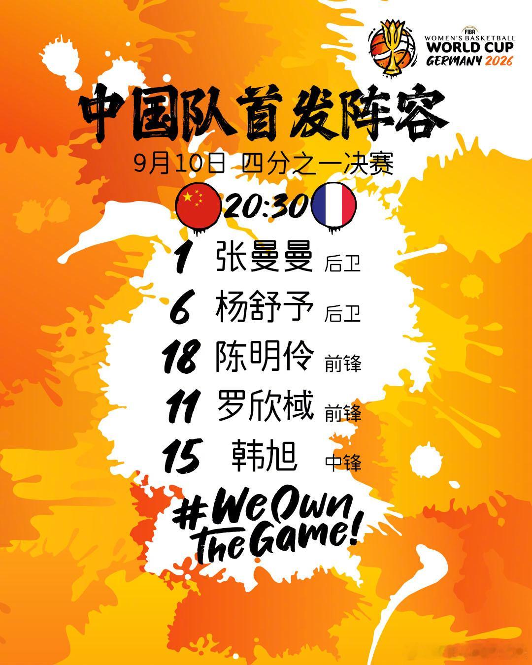 2026女篮世界杯 1/4决赛🇨🇳中国女篮vs法国女篮 🇫🇷中国队首发出