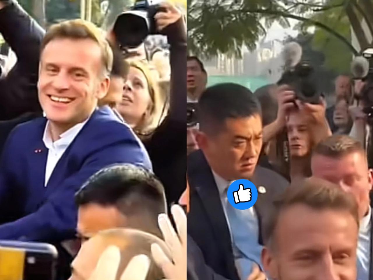 马克龙在四川大学与学生见面时尽情奔向学生，与学生热情的互动握手。
这可苦了两国的