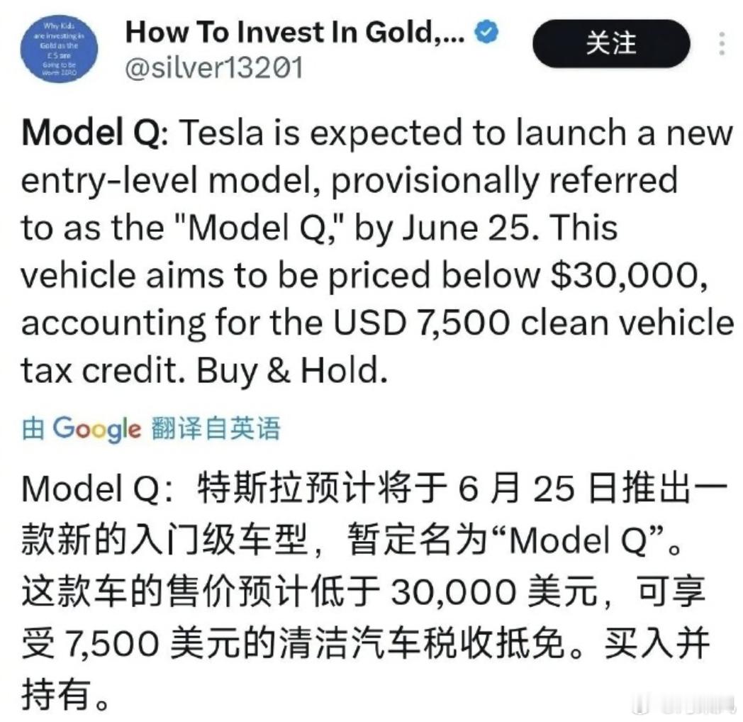 特斯拉全新入门纯电动车Model Q，网传今年6月份发布，预计售价3万美元以下，