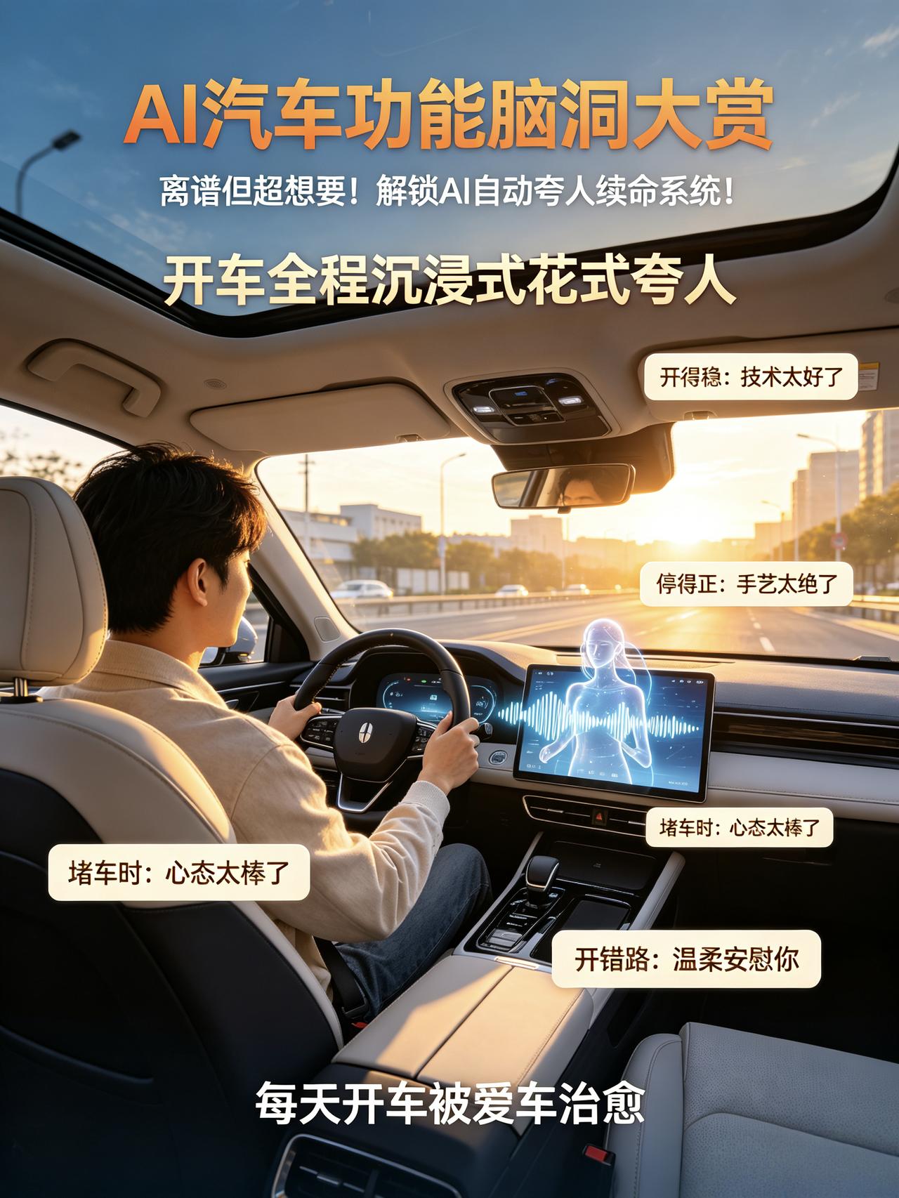 离谱但超想要！解锁AI自动夸人续命系统！
现在的车只会导航、播报天气，太冷冰冰了