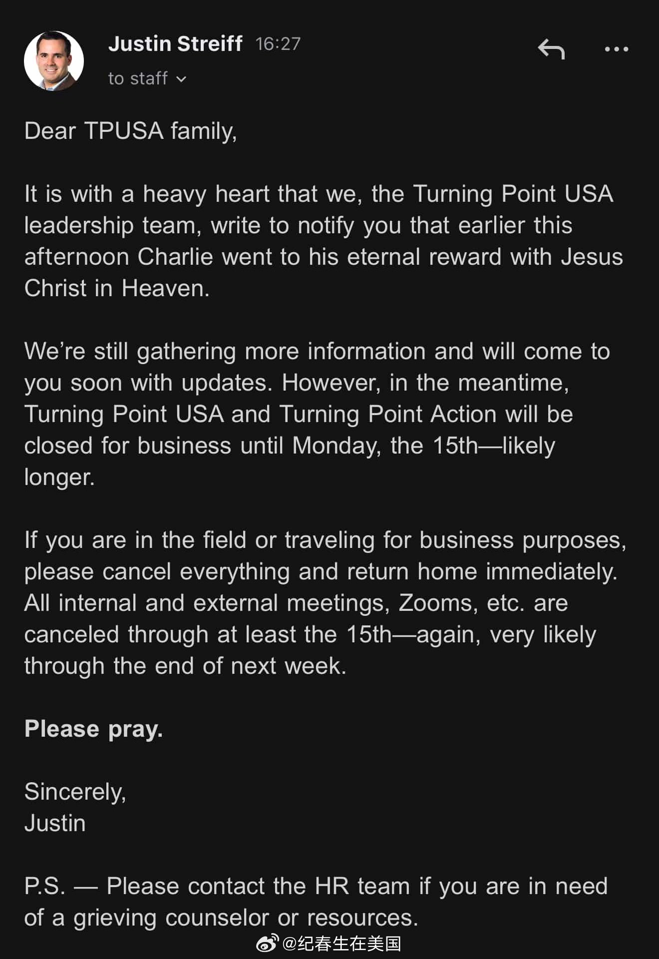 Turning Point USA首席发展官Justin Streiff给员工的