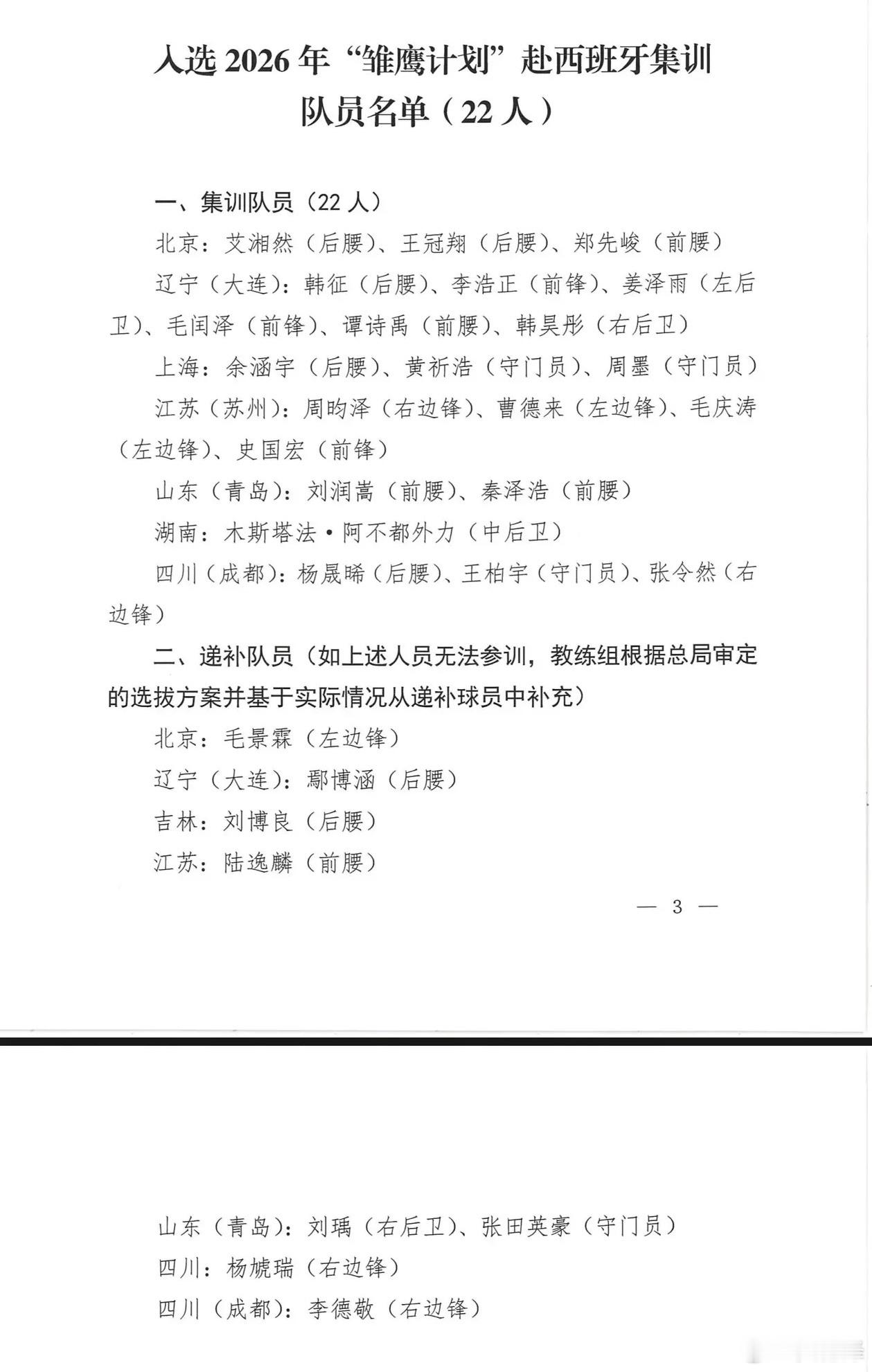 【2026年“雏鹰计划”赴西班牙名单公布，唐华健、邹德滨遗憾落选】7月26日至8