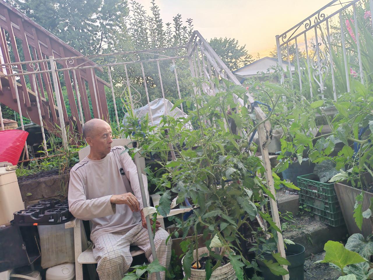 和老伴一天没出去！5点多钟吃完晚饭后，老两口打开电视看着。我们就等着太阳落山了。