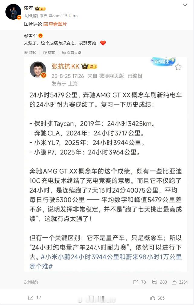 【奔驰刷新纯电车24小时耐力赛成绩 雷军直呼有点变态：太强了】近日纯电超跑领域迎