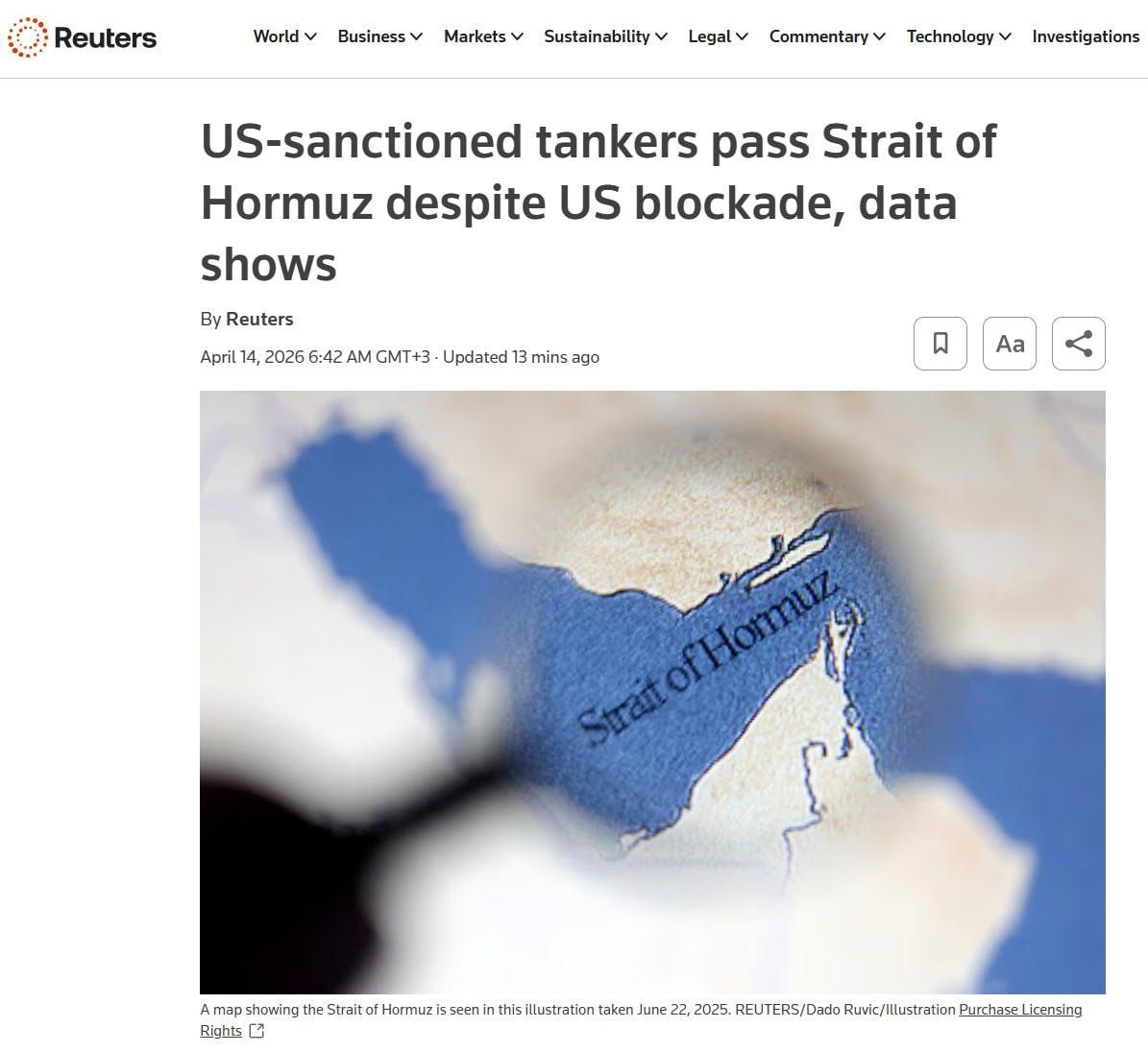 美国对伊朗港口实施封锁后，一艘受制裁的油轮直接穿过了霍尔木兹海峡。

据路透社报
