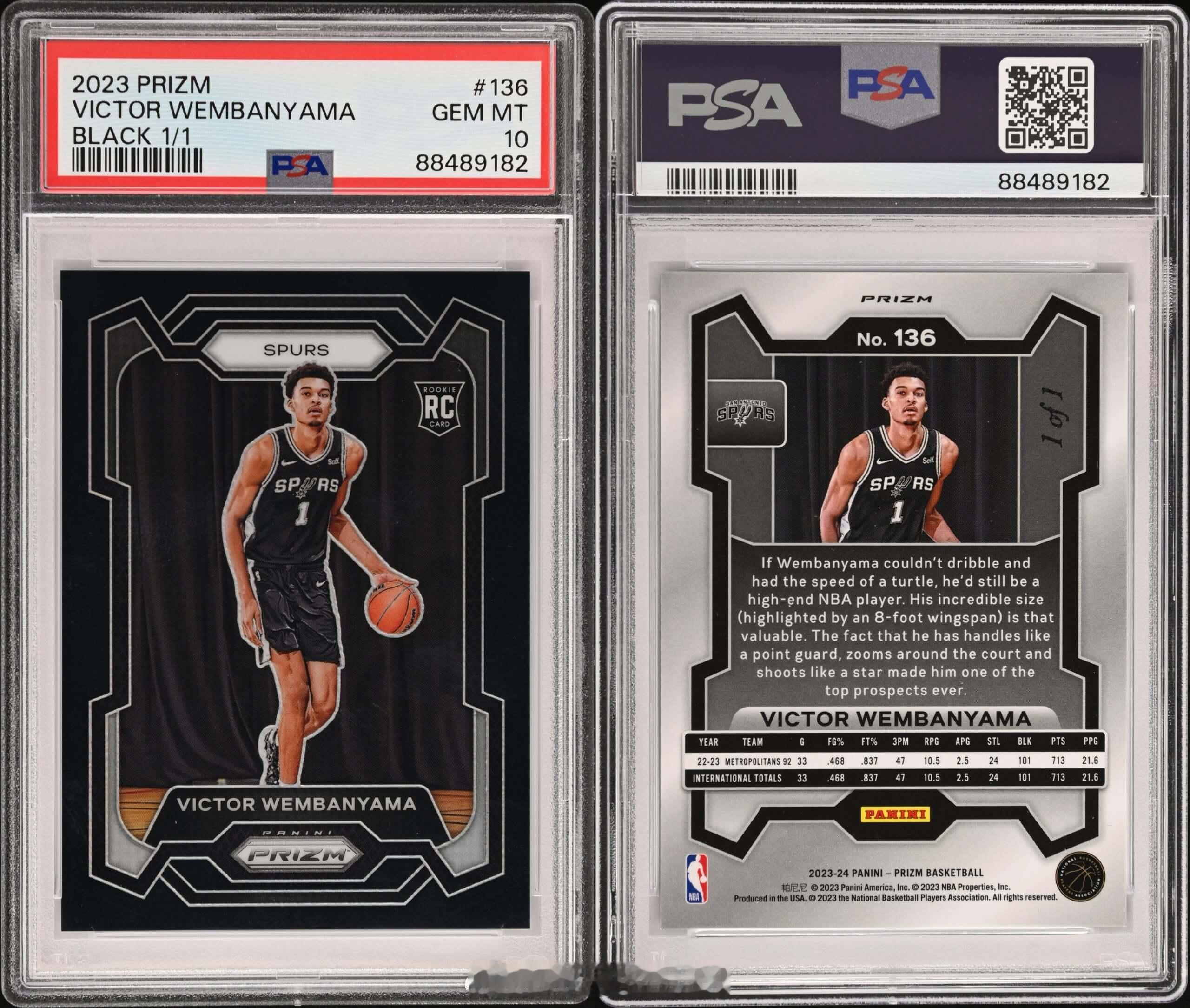 文班亚马一张 2023-24 Panini Prizm Black 1/1 新秀