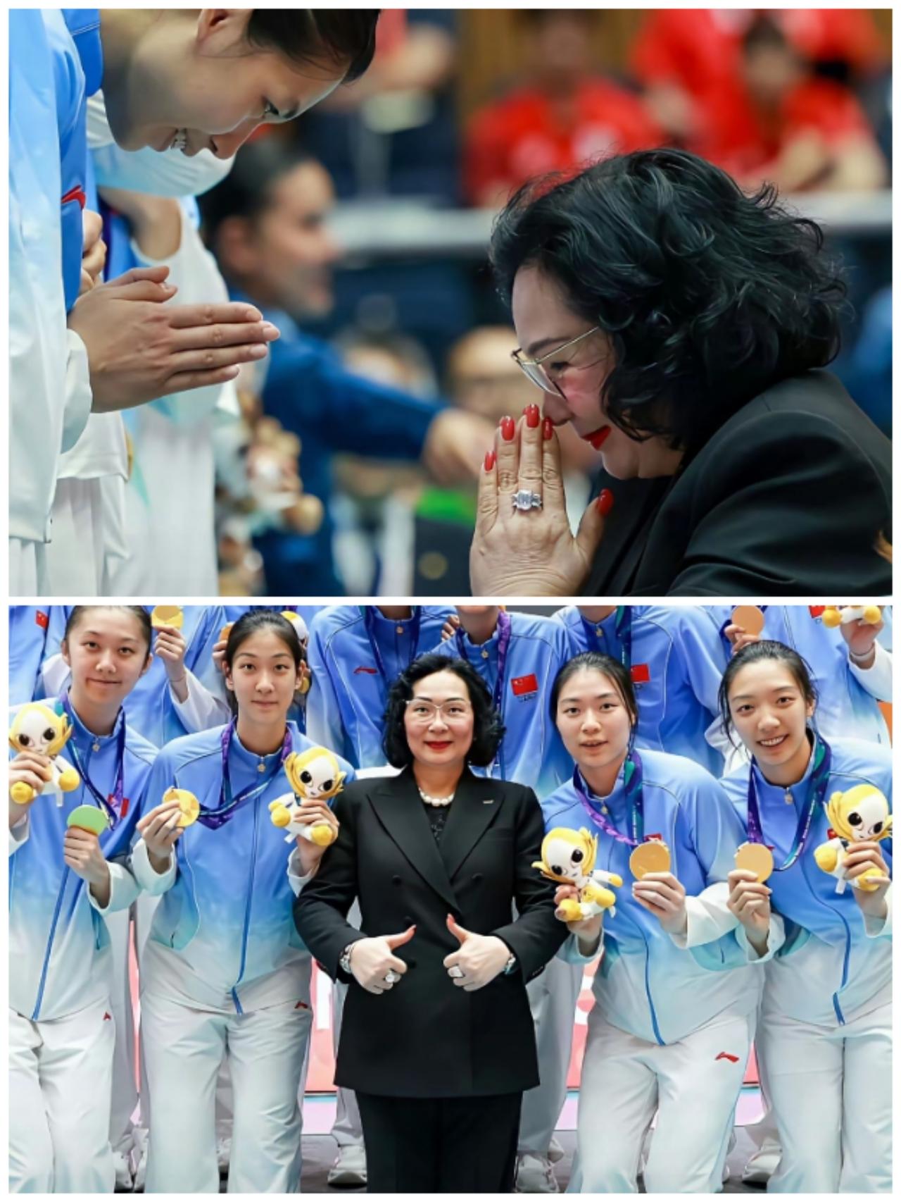 中国女排领奖台上这个合掌回礼的细节真的太戳人了！
 
亚奥理事会的帕塔玛女士给女