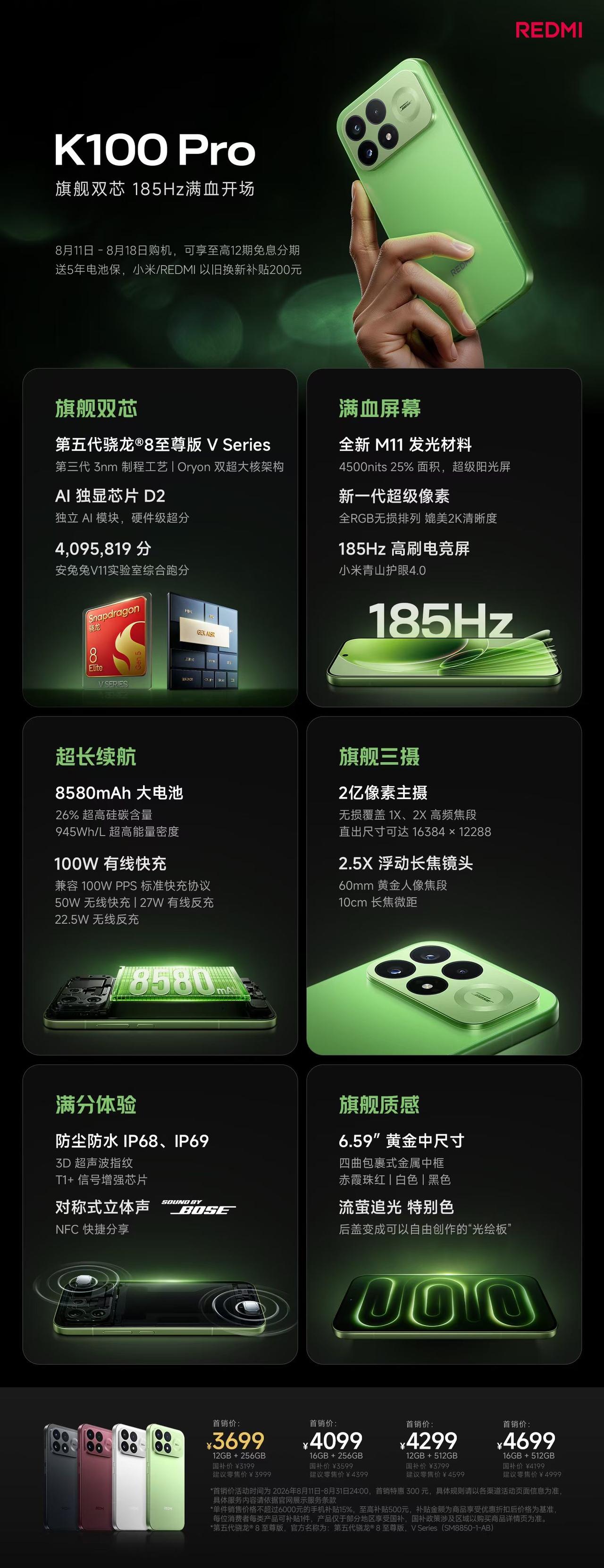 Pro系列价格
K100 Pro 首销价｜国补后
12+256：3699（319