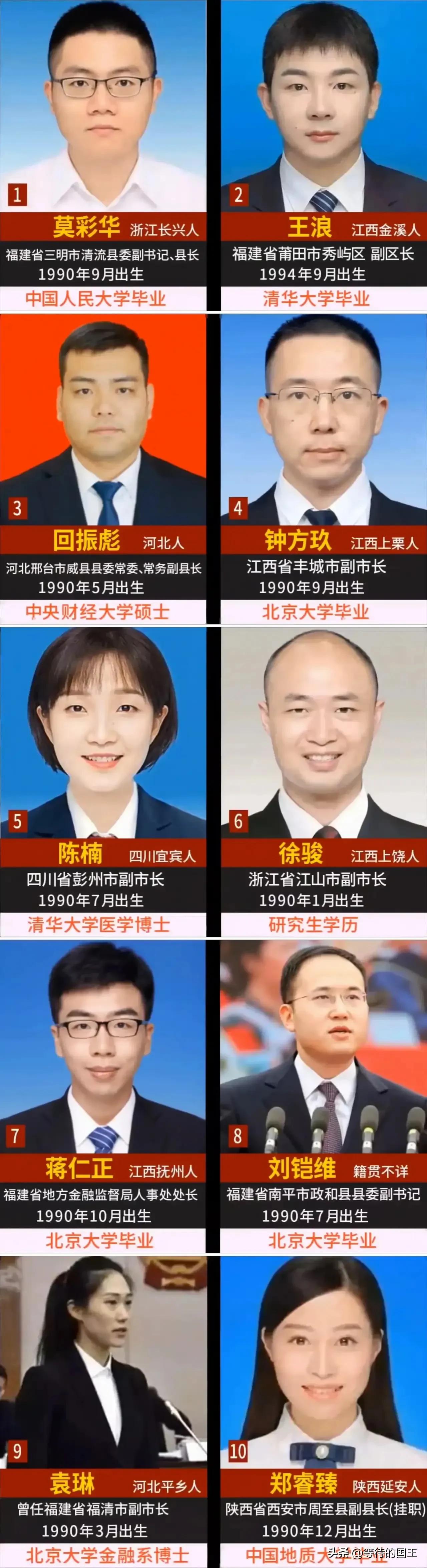 十位90后高学历县处级干部一览表。
年龄最小的是94年，30岁不到就已经是地级市