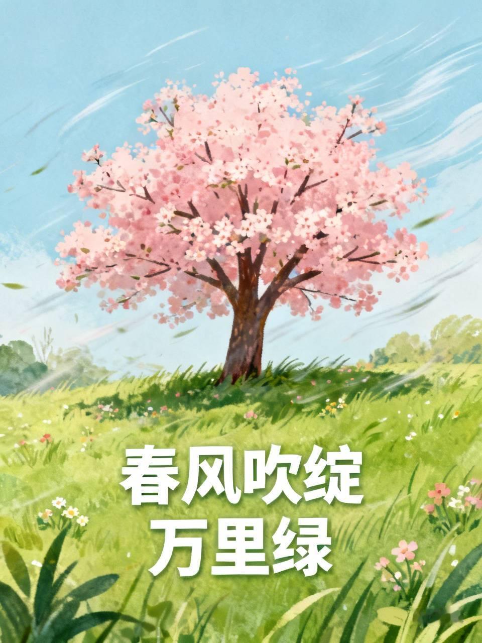 下联：春风吹绽万里绿。