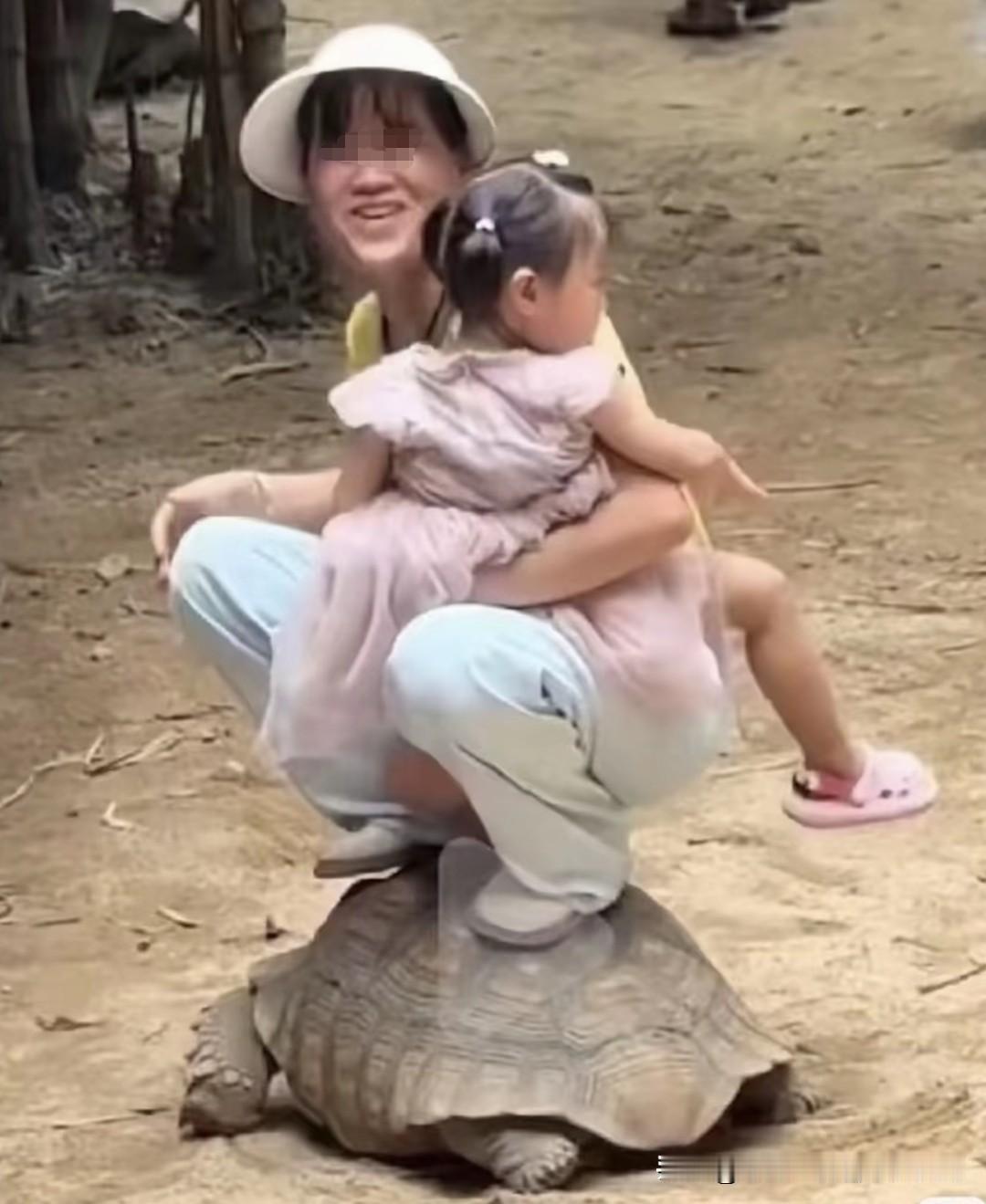 这是什么逆天家庭，女子敢抱着孩子踩在乌龟壳上，还很开心，真是林子大了，什么鸟都有