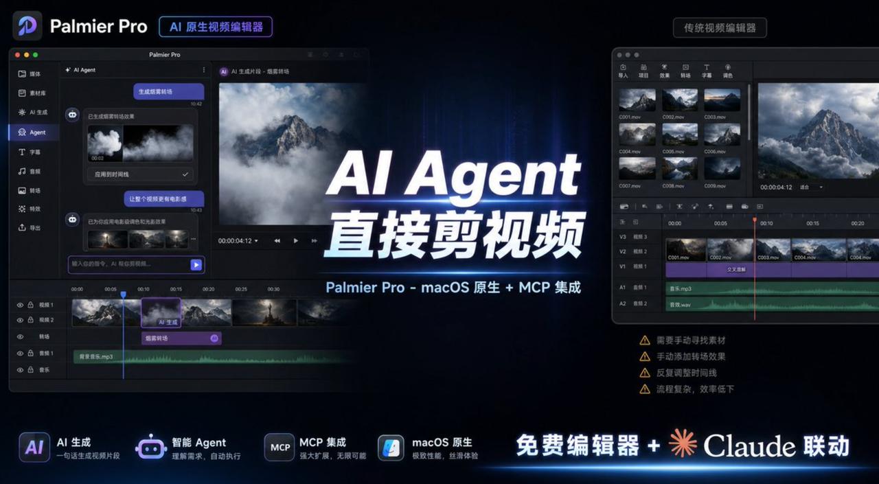 Palmier Pro 是面向 Mac 的开源视频编辑器。你和你的 agent 