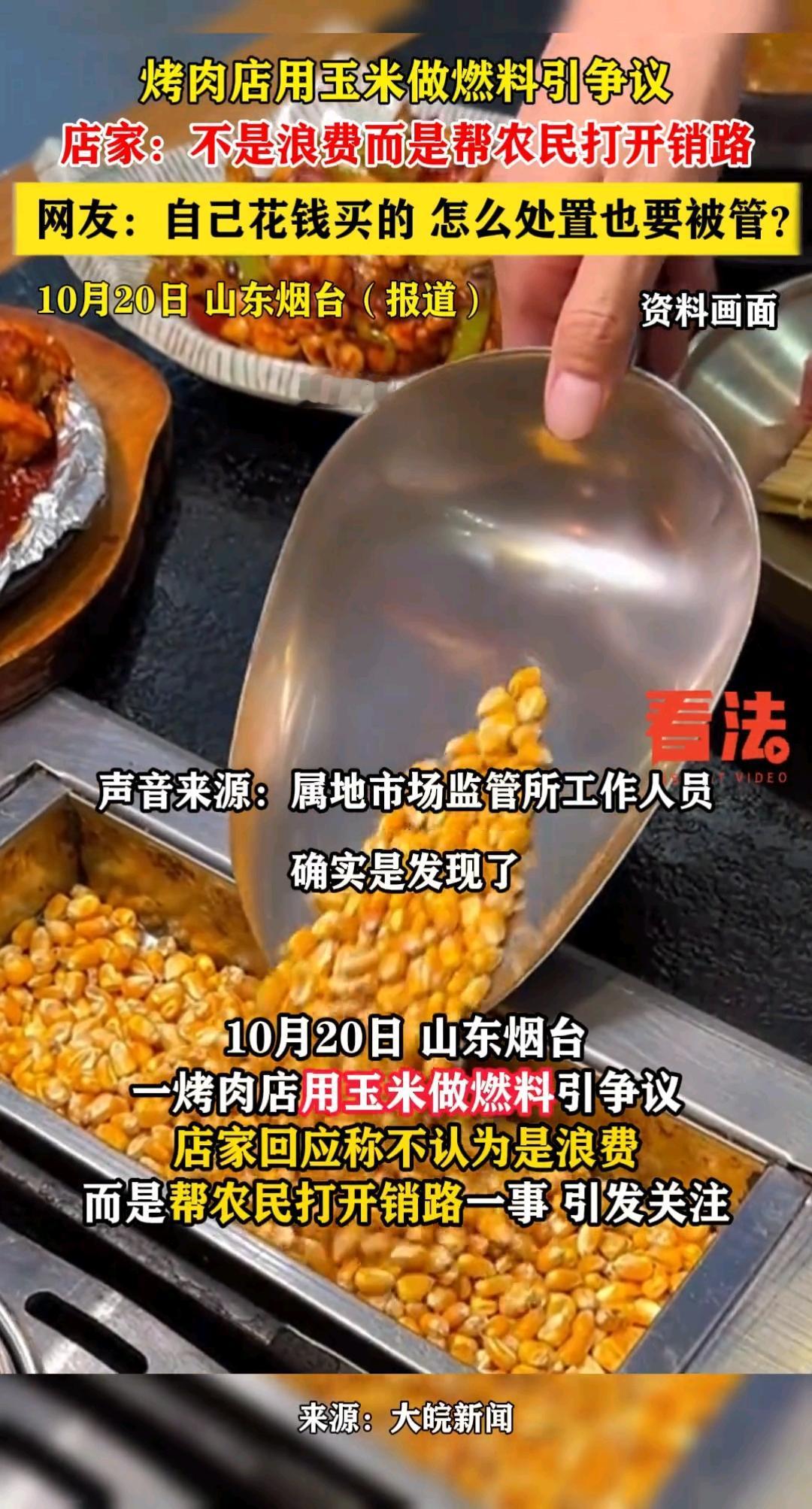 专家不赞成
不支持玉米粒当柴烧
 
烟台烤肉店用玉米生火
一边被骂浪费粮食
一边